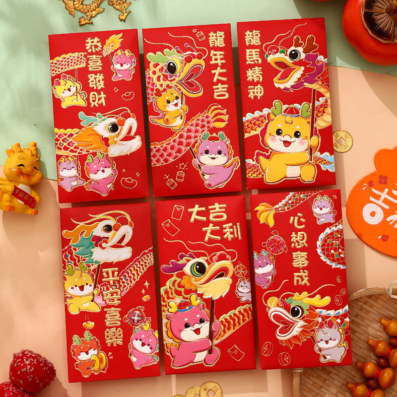 Bulk 6pcs Dragon Year Red Envelope Creative Red Packet Lucky Money Chinese New Year Gift for Spring Festival Wedding Birthday Greeting Wholesale