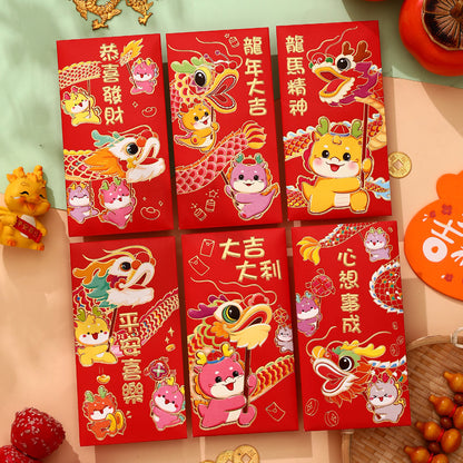 Bulk 6pcs Dragon Year Red Envelope Creative Red Packet Lucky Money Chinese New Year Gift for Spring Festival Wedding Birthday Greeting Wholesale