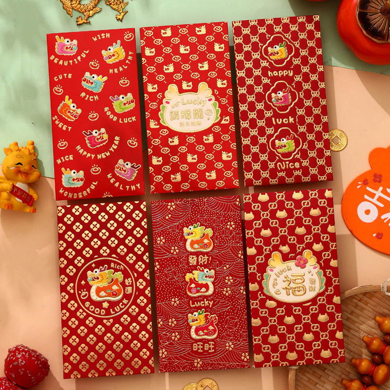 Bulk 6pcs Dragon Year Red Envelope Creative Red Packet Lucky Money Chinese New Year Gift for Spring Festival Wedding Birthday Greeting Wholesale
