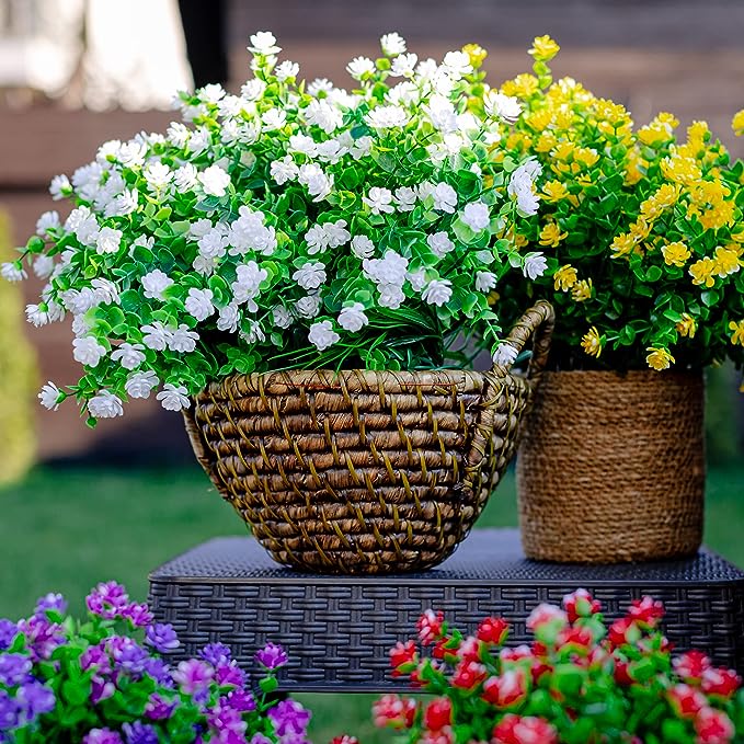 8 Bundles Artificial Flowers Plants UV Resistant Outdoor Durable Bulk Set