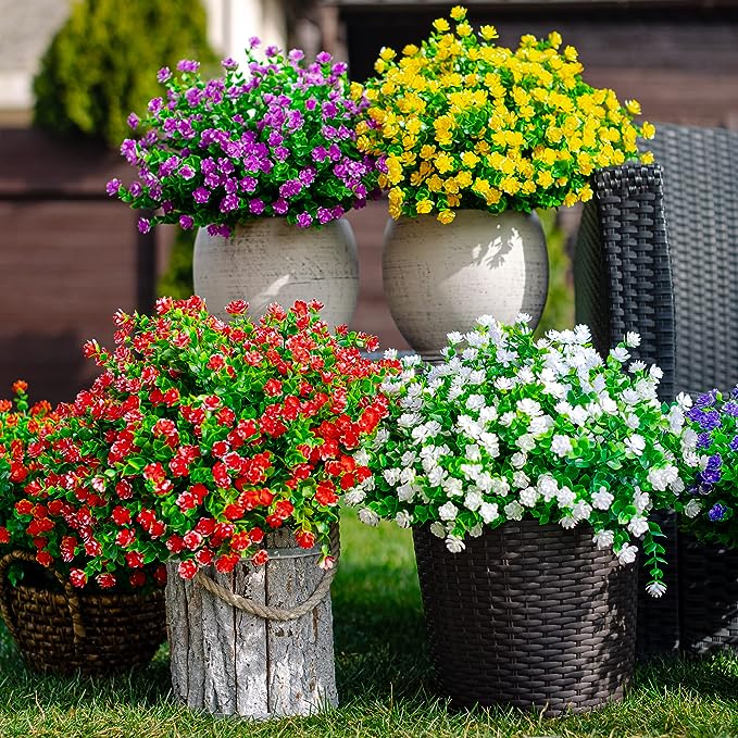 8 Bundles Artificial Flowers Plants UV Resistant Outdoor Durable Bulk Set