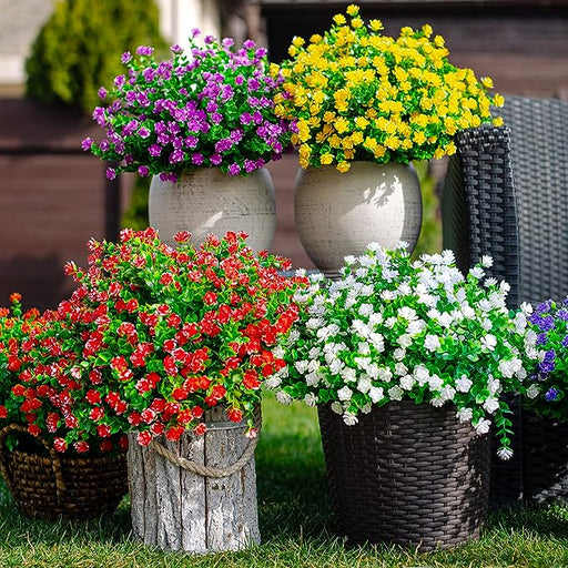 8 Bundles Artificial Flowers Plants UV Resistant Outdoor Durable Bulk Set