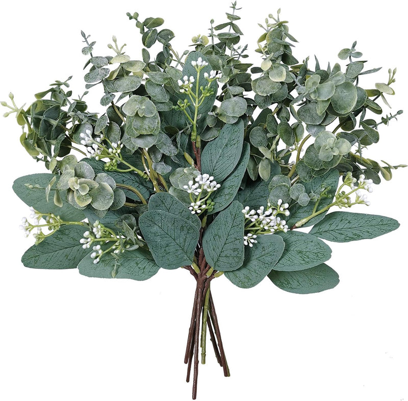 20 Pcs Artificial Eucalyptus Stems 18 Inch Faux Oval Leaves with White Seeds for Wreaths Garlands Bouquets