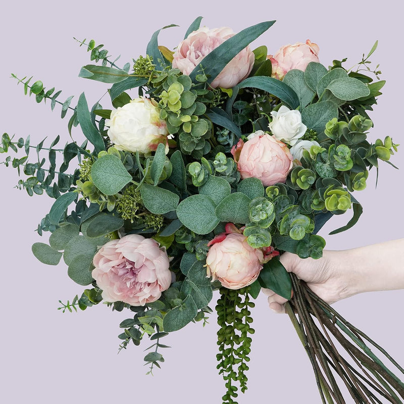 20 Pcs Artificial Eucalyptus Stems 18 Inch Faux Oval Leaves with White Seeds for Wreaths Garlands Bouquets