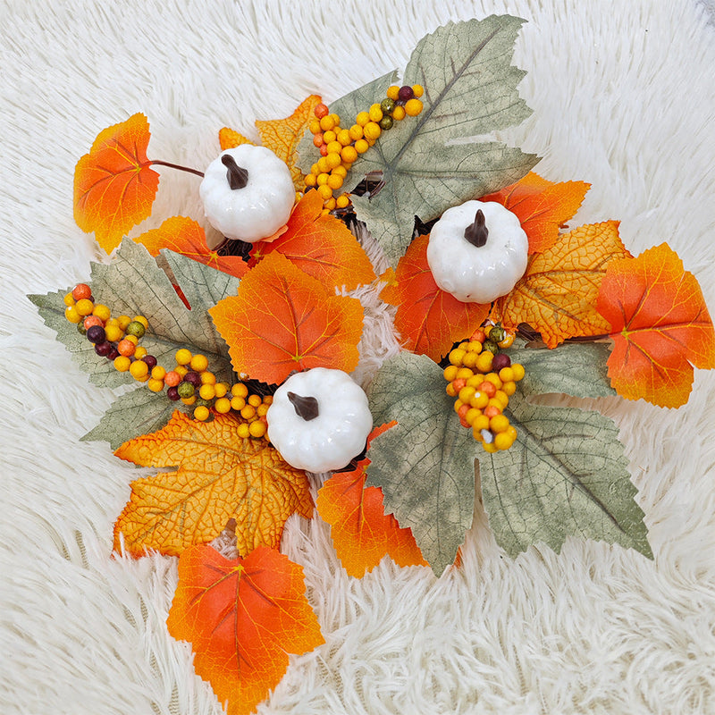 Artificial Maple Leaf Pumpkin Candle Holder Rings 12 Inch Mini Tabletop Wreath Centerpiece 6 Pcs