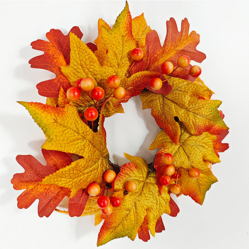 Artificial Maple Leaf Pumpkin Candle Holder Rings 12 Inch Mini Tabletop Wreath Centerpiece 6 Pcs