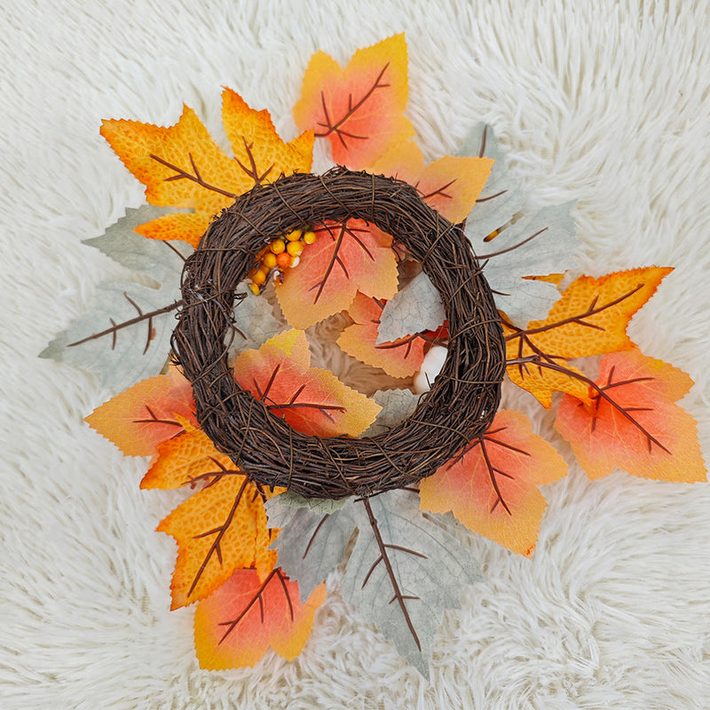 Artificial Maple Leaf Pumpkin Candle Holder Rings 12 Inch Mini Tabletop Wreath Centerpiece 6 Pcs