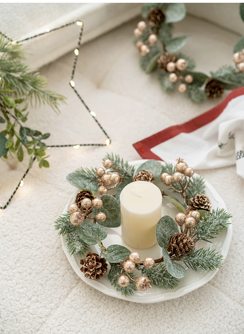 Artificial Pine Cone Berry Candle Holder Rings 6 Pcs Tabletop Christmas Wreath Centerpiece Decor