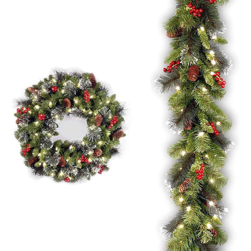 Artificial Pine Cone Wreath with Red Berries and Glowing Ornaments, Christmas Garland Home Decor, Bulk Wholesale