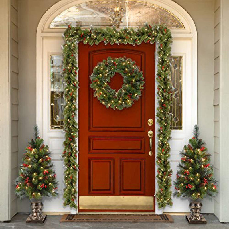 Artificial Pine Cone Wreath with Red Berries and Glowing Ornaments, Christmas Garland Home Decor, Bulk Wholesale