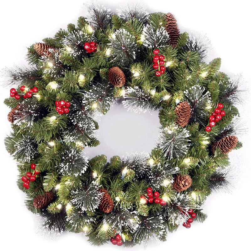 Artificial Pine Cone Wreath with Red Berries and Glowing Ornaments, Christmas Garland Home Decor, Bulk Wholesale