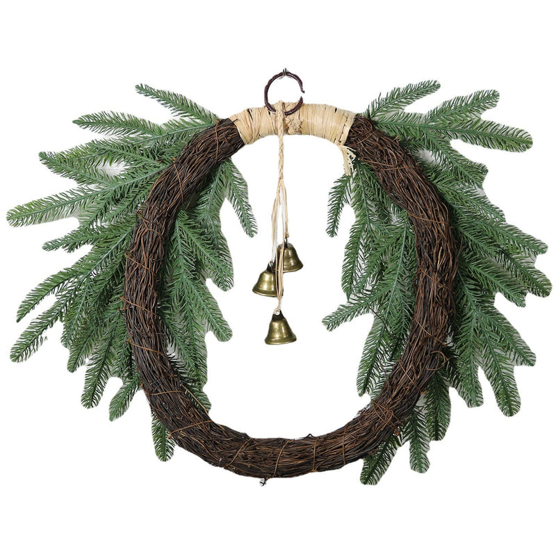 Artificial Pine Needle Wreath with Bells 12 Inch Greenery Christmas Ornament for Front Door Wall Hanging Bulk Set