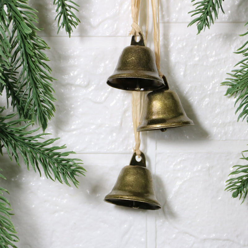 Artificial Pine Needle Wreath with Bells 12 Inch Greenery Christmas Ornament for Front Door Wall Hanging Bulk Set
