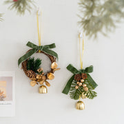 Artificial Pine Cone Pendant with Bell Mini Wreath Ornament, Bulk Christmas Hanging Decorations