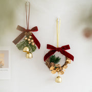 Artificial Pine Cone Pendant with Bell Mini Wreath Ornament, Bulk Christmas Hanging Decorations