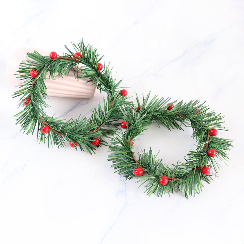 Artificial Pine Tabletop Candlestick Wreath with 10 Red Berries Candle Holder Rings Mini Christmas Centerpiece