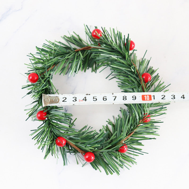Artificial Pine Tabletop Candlestick Wreath with 10 Red Berries Candle Holder Rings Mini Christmas Centerpiece