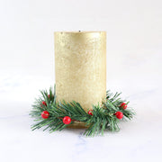 Artificial Pine Tabletop Candlestick Wreath with 10 Red Berries Candle Holder Rings Mini Christmas Centerpiece