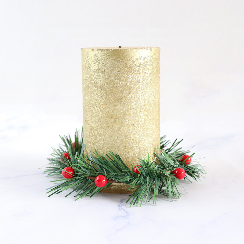 Artificial Pine Tabletop Candlestick Wreath with 10 Red Berries Candle Holder Rings Mini Christmas Centerpiece