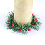 Artificial Pine Tabletop Candlestick Wreath with 10 Red Berries Candle Holder Rings Mini Christmas Centerpiece