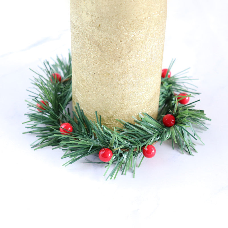 Artificial Pine Tabletop Candlestick Wreath with 10 Red Berries Candle Holder Rings Mini Christmas Centerpiece