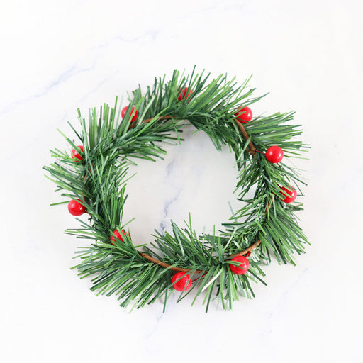 Artificial Pine Tabletop Candlestick Wreath with 10 Red Berries Candle Holder Rings Mini Christmas Centerpiece