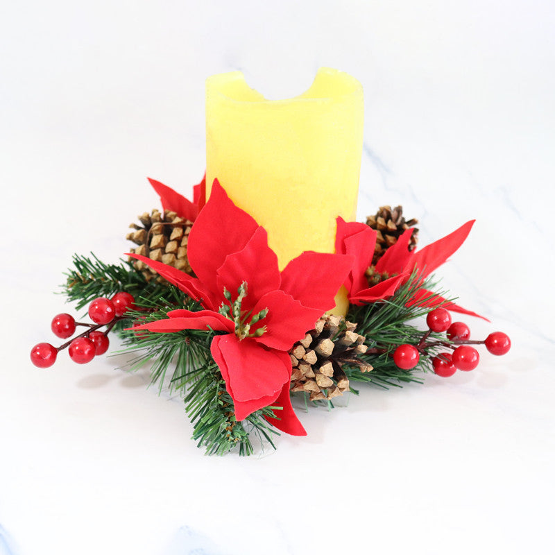 Artificial Poinsettia Tabletop Wreath with Berries Pine Cones Candle Holder Rings Christmas Centerpiece Bulk Set