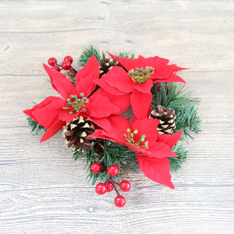 Artificial Poinsettia Tabletop Wreath with Berries Pine Cones Candle Holder Rings Christmas Centerpiece Bulk Set