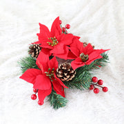 Artificial Poinsettia Tabletop Wreath with Berries Pine Cones Candle Holder Rings Christmas Centerpiece Bulk Set