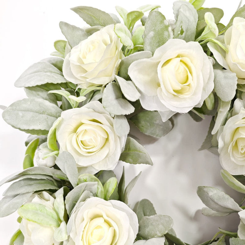 Artificial Rose and Flocked Lamb's Ear Wreaths, Silk, 12 Inch, Bulk Set for Front Door Farmhouse Wall Hanging Home Decor