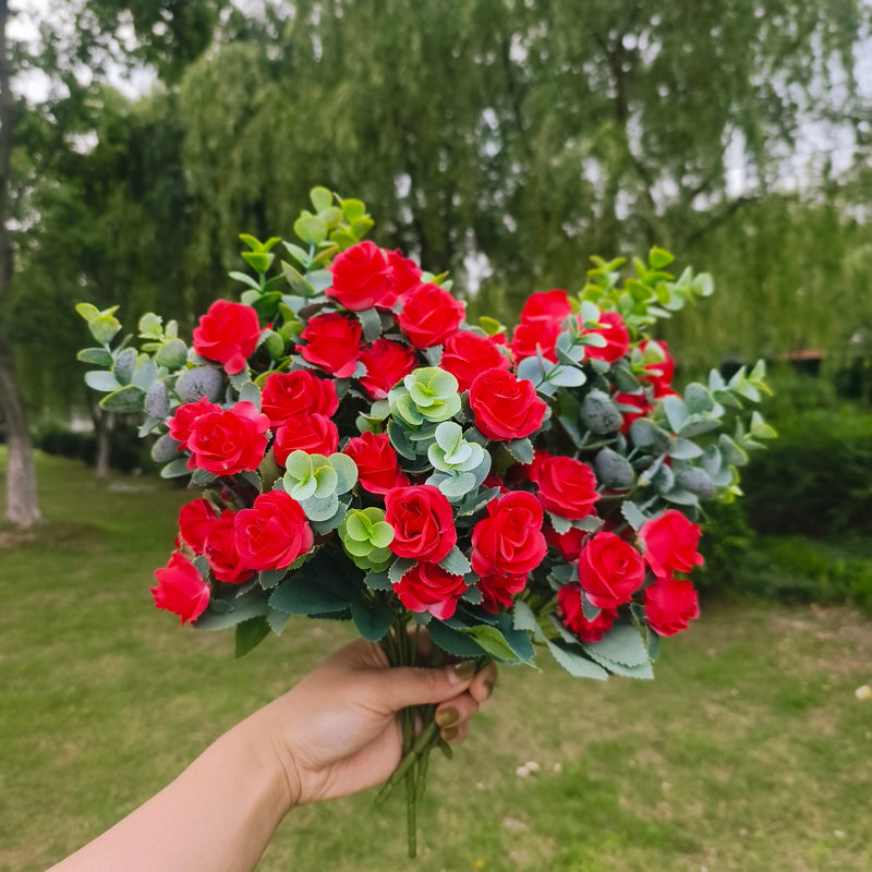 12 Inch Artificial Rose Bush 8 Pcs with Boxwood Leaves for Outdoor Plants Shrubs