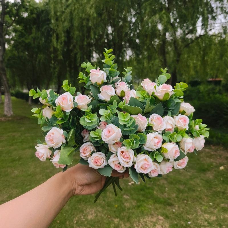 12 Inch Artificial Rose Bush 8 Pcs with Boxwood Leaves for Outdoor Plants Shrubs