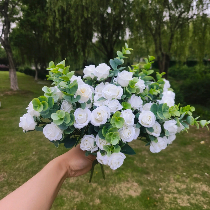 12 Inch Artificial Rose Bush 8 Pcs with Boxwood Leaves for Outdoor Plants Shrubs
