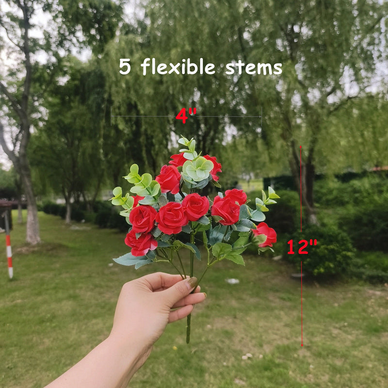 12 Inch Artificial Rose Bush 8 Pcs with Boxwood Leaves for Outdoor Plants Shrubs
