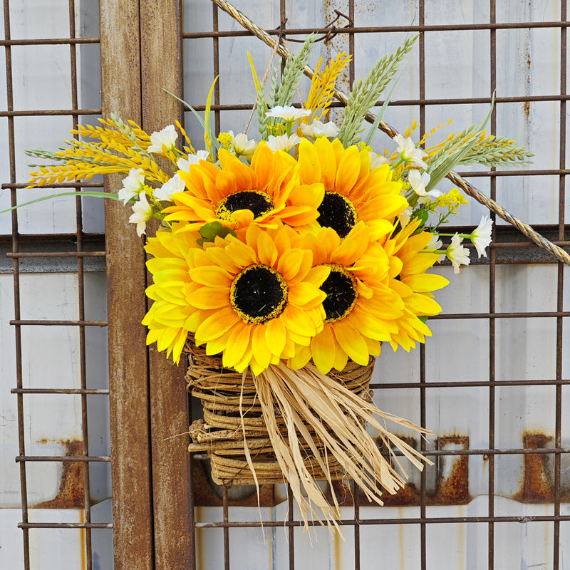 Artificial Sunflower Door Hanger Wreath Basket 12 Inch Summer Decor for Front Door Porch Farmhouse