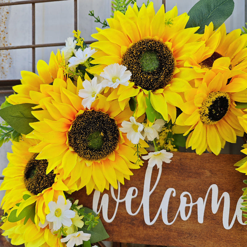 Bulk Artificial Sunflower Wreaths with Welcome Sign 12 Inch Spring Door Decor Farmhouse Home Ornament