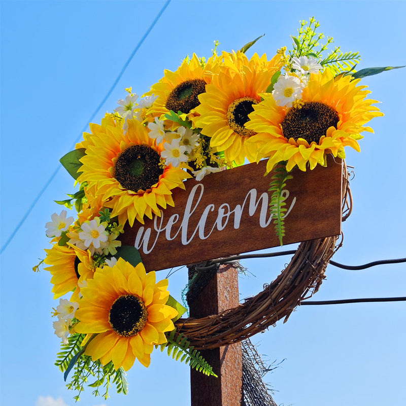 Bulk Artificial Sunflower Wreaths with Welcome Sign 12 Inch Spring Door Decor Farmhouse Home Ornament