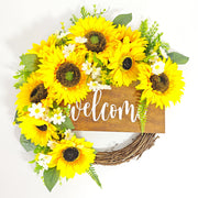 Bulk Artificial Sunflower Wreaths with Welcome Sign 12 Inch Spring Door Decor Farmhouse Home Ornament