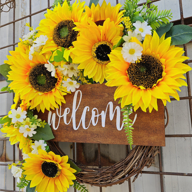 Bulk Artificial Sunflower Wreaths with Welcome Sign 12 Inch Spring Door Decor Farmhouse Home Ornament