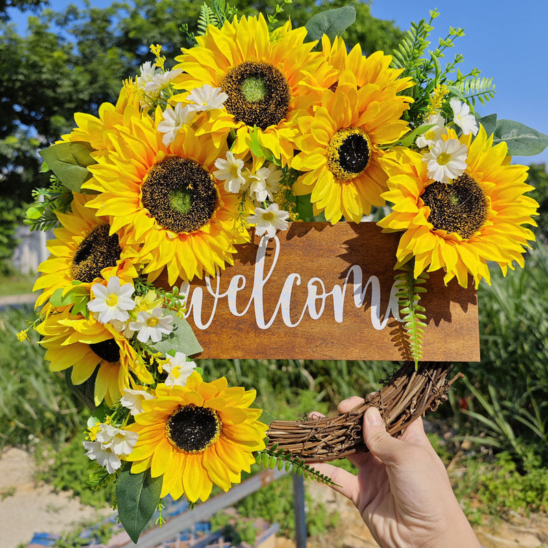 Bulk Artificial Sunflower Wreaths with Welcome Sign 12 Inch Spring Door Decor Farmhouse Home Ornament
