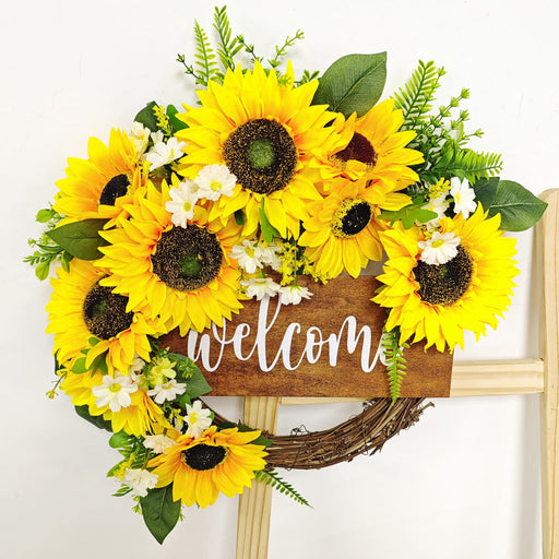 Bulk Artificial Sunflower Wreaths with Welcome Sign 12 Inch Spring Door Decor Farmhouse Home Ornament