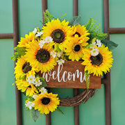 Bulk Artificial Sunflower Wreaths with Welcome Sign 12 Inch Spring Door Decor Farmhouse Home Ornament