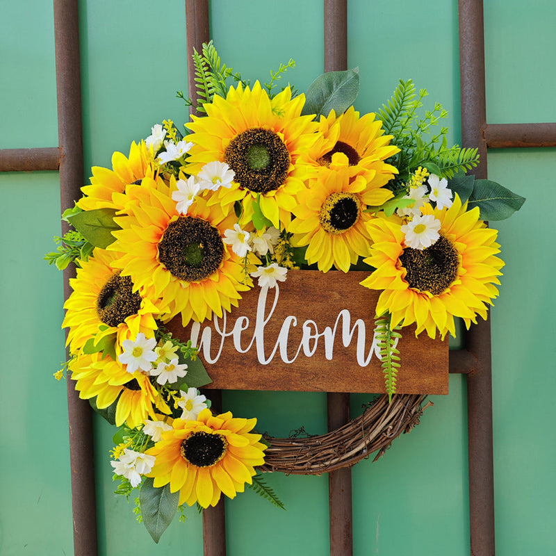 Bulk Artificial Sunflower Wreaths with Welcome Sign 12 Inch Spring Door Decor Farmhouse Home Ornament