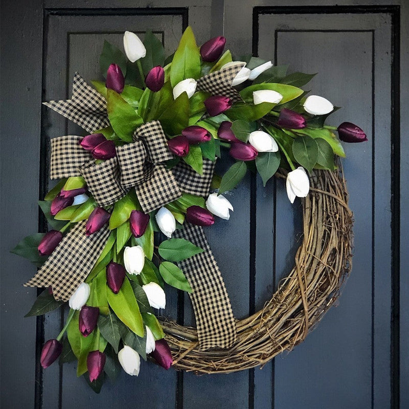 Artificial Tulip Wreaths 12 Inch Natural Rattan Front Door Wall Hanging Home Decor Bulk
