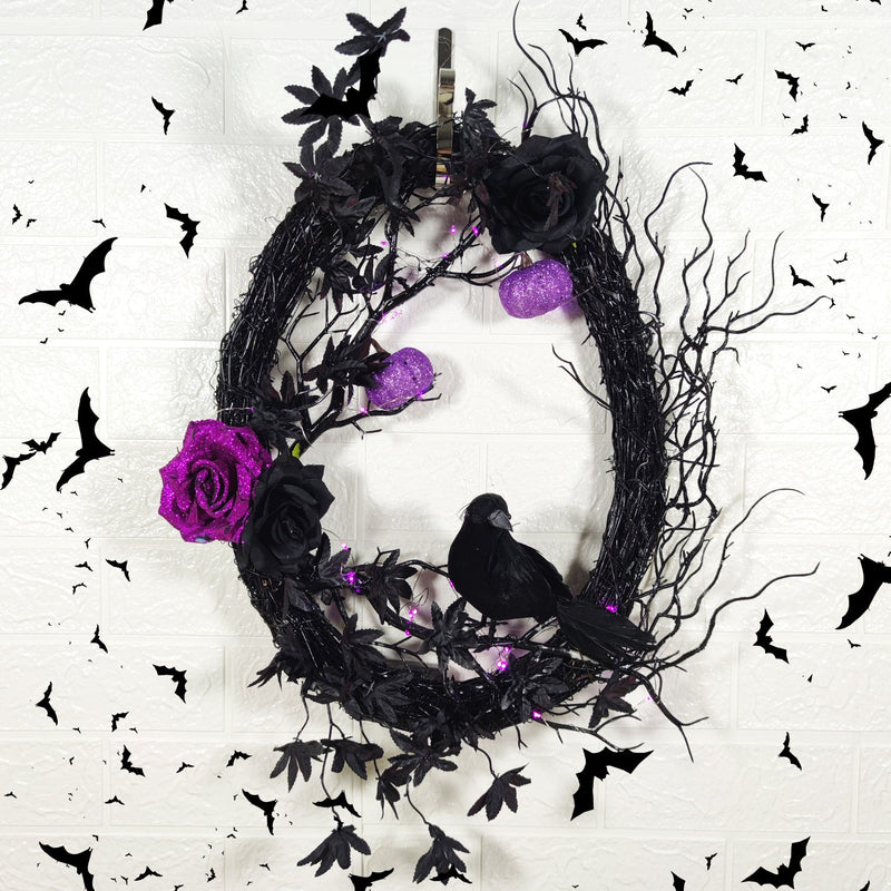 Artificial Maple Leaf Halloween Wreath with Black Crow, Purple Rose, Pumpkin & Grapevine – Fall Party Decoration, Bulk Wholesale