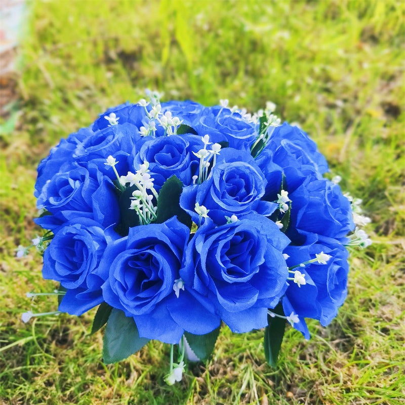 22 Colors Artificial Rose Bush Bouquets for Graves and Memorials, Bulk Wholesale Cemetery Flowers in Vase