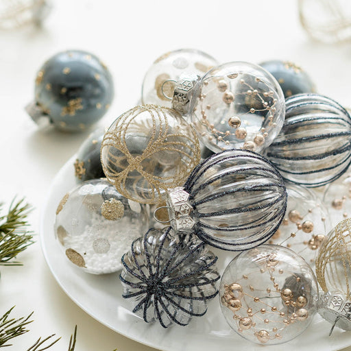 Blue Glitter Christmas Ball Ornaments Set, 12 Pcs Hanging Decorations for Tree, Holiday Home Decor