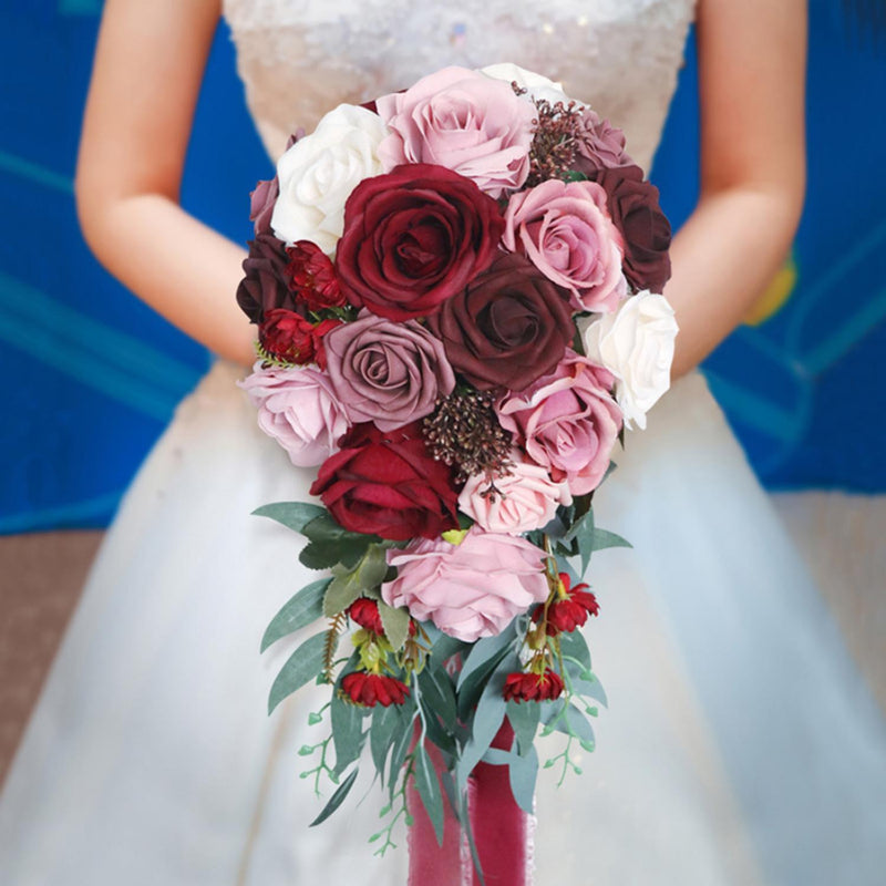 9 Inch Cascading Rose Bridal Bouquet Artificial Flowers Bulk Wholesale