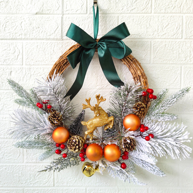 Christmas Ball Elk Cedar Pinecones Wreath with Red Berries Bell, Front Door Wall Hanging, Holiday Party Decoration, Bulk Wholesale