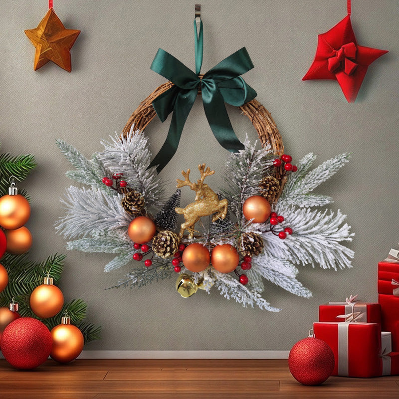 Christmas Ball Elk Cedar Pinecones Wreath with Red Berries Bell, Front Door Wall Hanging, Holiday Party Decoration, Bulk Wholesale